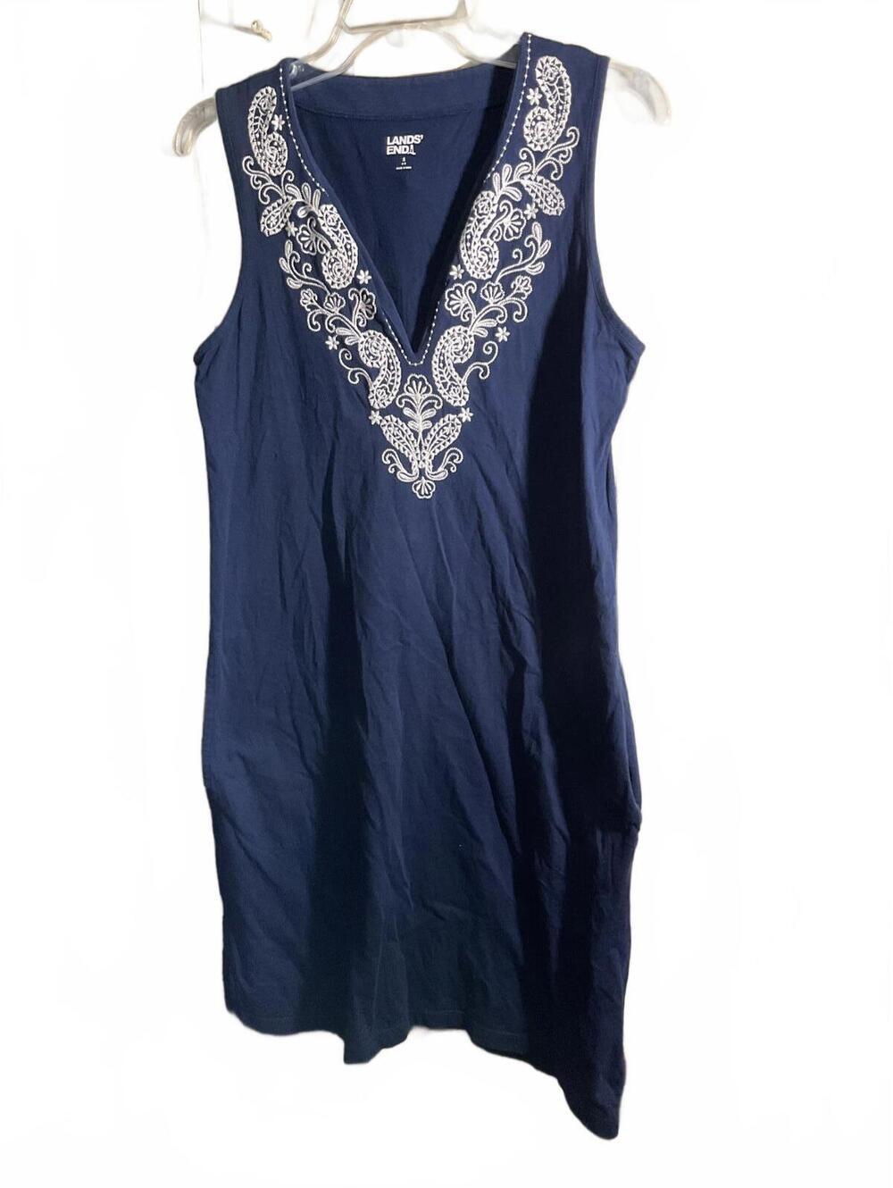 Lands' End Women's Navy Embroidered Dress Casual Summer Comfort - Size S